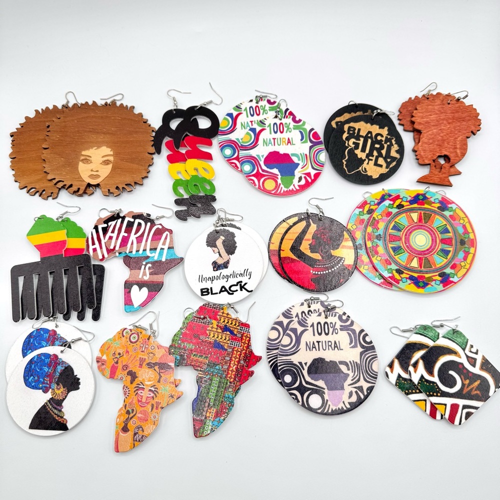 Afrocentric Earrings Lot 15 Pair Lasercut Wood Lightweight Dangle Colorful